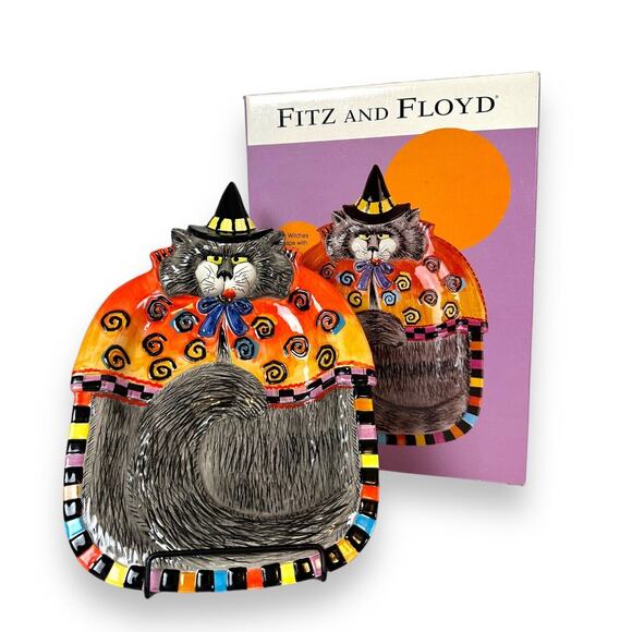 Fitz & Floyd Ceramic Canape Tray Kitty Witches Curly Qs Cat Plate Halloween New - Picture 14 of 14